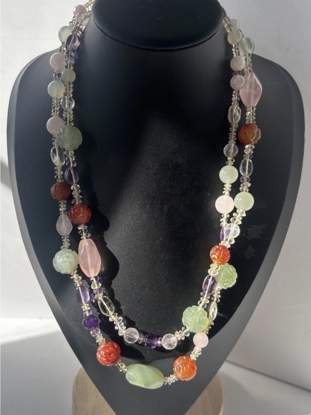 Multi-Gemstone 2-Strand Necklace Carved Jade Amethyst Sterling Silver STG 85g